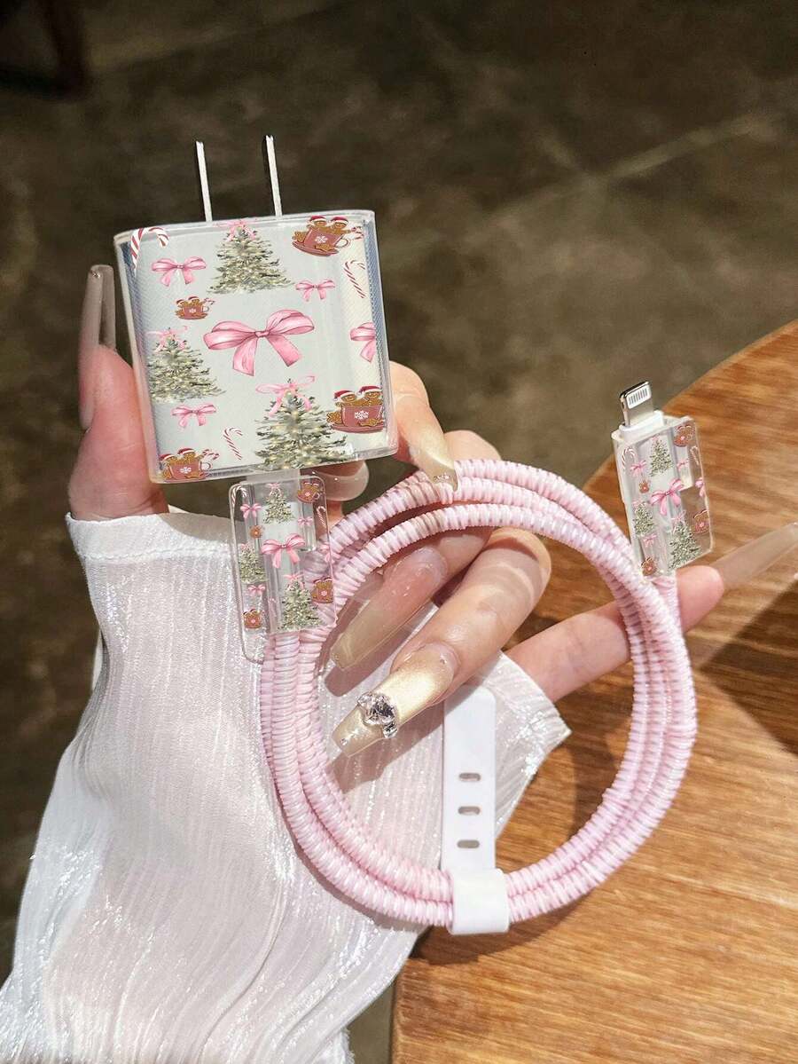 5pcs Pink Girly Christmas Theme Pattern 1.4m Cable Wrap Charger Head Protector, Anti-Breakage TPU Cable Organizer Charger Head Protector. Suitable For Phone 12/13/14, Suitable For 20W Fast Charging Cable - Multicolor - View 1