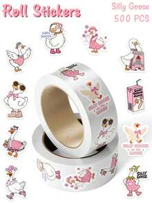 500pcs Cartoon Silly Goose Roll Stickers, Cute Funny Goose Pattern, Suitable For Laptop, Luggage, Phone, Scrapbook, Diary, Skateboard, Etc., Cartoon Graffiti Stickers, DIY Decoration Gift - Pink - View 2