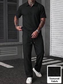 Men's Vintage Textured Casual Solid Color Drawstring Short Sleeve Top And Long Pants 2-Piece Set - Black - View 5