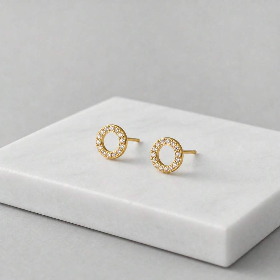 1 Pair Gold Hollow Circle Rhinestone Stud Earrings, Korean Style Lightweight Luxury Small Hoop Sparkling Earrings For Daily Commute - Gold - View 1