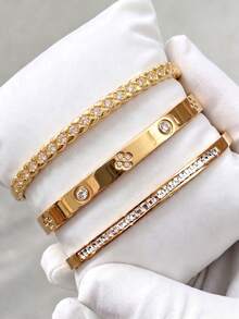 3/1pcsGold‑Tone Stainless Steel Bangle, Snake‑Textured Design, Style, Adds Extra Fashion Sense To Outfits - Gold - View 1
