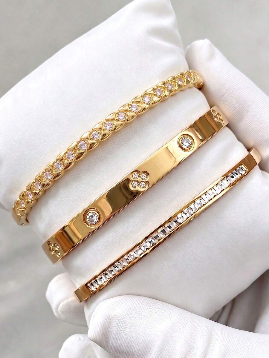 3/1pcsGold‑Tone Stainless Steel Bangle, Snake‑Textured Design, Style, Adds Extra Fashion Sense To Outfits - Gold - View 1
