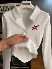 Korean Style Sweet & Cool V-Neck Collared Cinched Waist Ruched Long Sleeve T-Shirt, Red Star Chest Logo, Elastic Slim Fit Cropped Top, Autumn - White - View 4