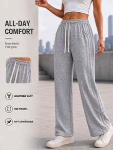 Women's Loose Fit Wide Leg Pants With Drawstring Elastic Waist And Side Pockets Casual Full Length Trousers For Everyday Wear - Grey - View 1