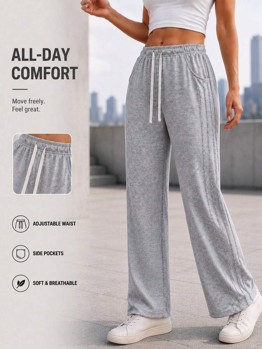 Women's Loose Fit Wide Leg Pants With Drawstring Elastic Waist And Side Pockets Casual Full Length Trousers For Everyday Wear - Grey - View 1