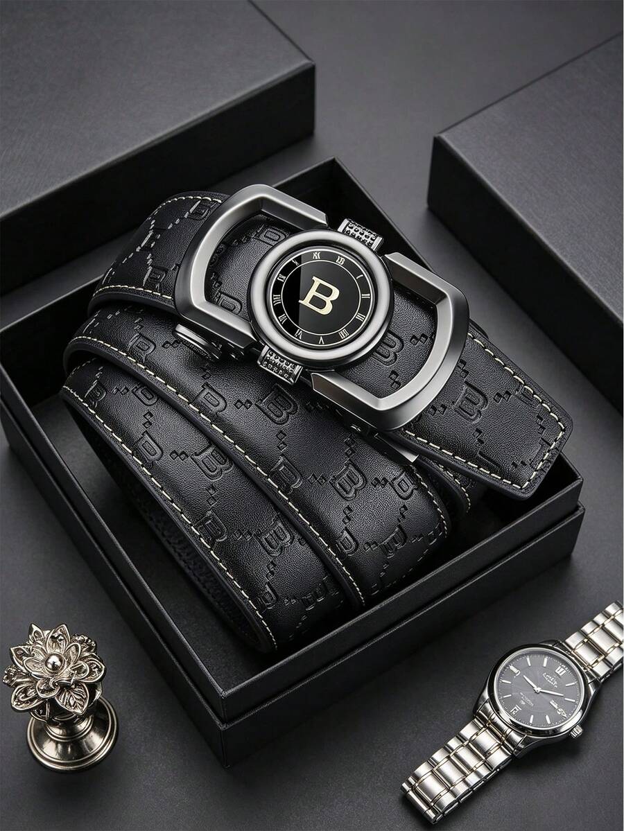 1pc Personalized Design Zinc Alloy Letter Automatic Buckle Leather Belt, Men's Business Elite Style, Minimalist Versatile Waist Belt - Multicolor - View 1