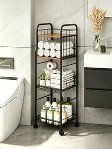 4‑Tier Rolling Storage Cart, Metal‑Wood Slim Organizer With Lockable Wheels & Wire Baskets, Mobile Storage Rack For Bathroom, Laundry, Kitchen Narrow Corner, Perfect For Home Users Storing Towels, Toiletries & Cleaning Supplies - Multicolor - View 6