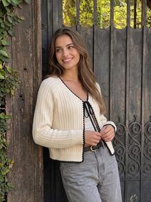 Gentle Style Lace-Up Outerwear, Full-Body Vertical Striped Cable Cable Contrast Color Wavy Hem, Versatile Short Knit Top, Suitable For Daily Commute, Date, Afternoon Tea - Apricot - View 2