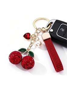 1pc Fashion Alloy Rhinestone Cherry Bag Charm, Clay Rhinestone Keychain, Crystal Inlaid Car Key Pendant, Women's Bag Decoration Accessory - Multicolor - View 5