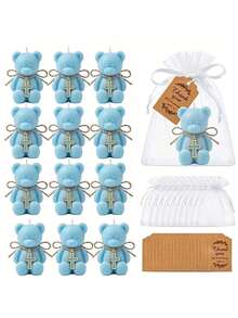 12/6/1 Set - Baptism Gift Set - Blue Teddy Bear Scented Candle Includes Blue Organza Bag And Blue Thank You Tag, DIY Fillable Gift Bag Suitable For Gender Reveal Party, Baby Shower Party Gift, Guest Favor, Christian Baptism, Communion, Church Event, Religious Gift, Ideal Party Favor - Multicolor - View 11