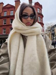 1pc Women's Solid Color Thick Mohair Fringe Oversized Scarf, Autumn/Winter Long Warm Shawl, Fluffy Plush Fabric, Soft Matte Texture, Cape Hood - Beige - View 1