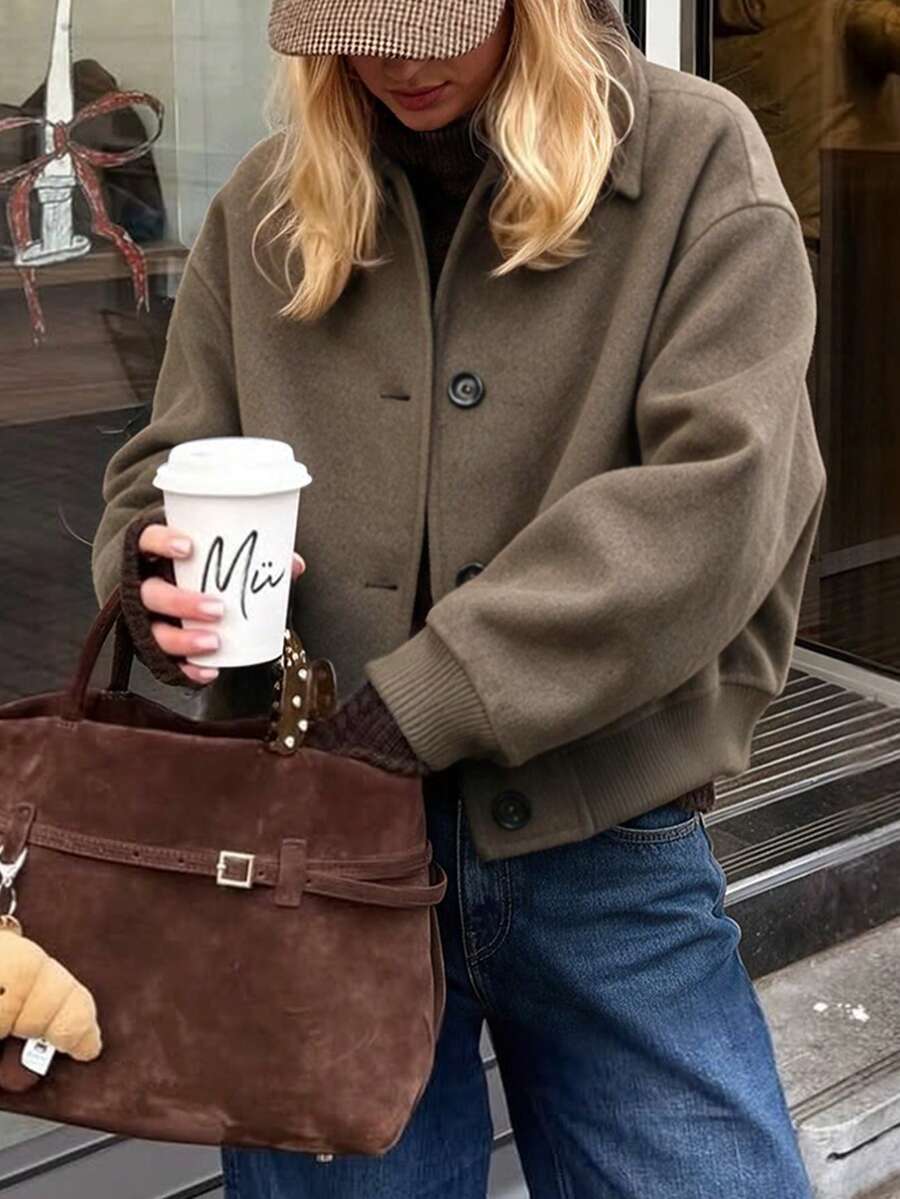 Notch Collar Wool Ribbed Hem Jacket, Casual Daily Home Street Travel Coat, Fall Winter - Coffee Brown - View 1