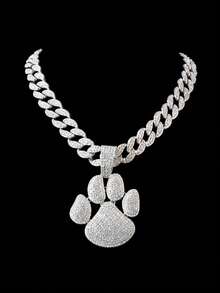 Men's Rhinestone Dog Paw Print Pendant Necklace, Full Rhinestone Cuban Chain Hip Hop Shiny Streetwear Jewelry, Gold & Silver - Dog Paw Pendant Necklace - View 11