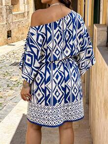 Women's Plus Size Spring/Summer Vacation Asymmetrical Shoulder Cinched Waist Solid Color Large Floral Print Short Dress - Multicolor - View 5