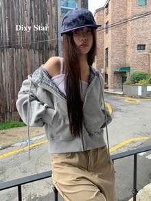Korean Niche Design Plaid Patchwork Loose Hooded Sweatshirt Tops (Random Plaid) - Grey - View 4