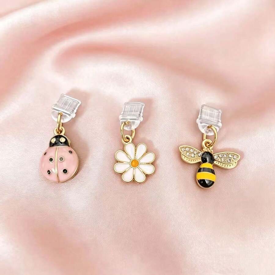 3pcs Daisy Bee Pink Ladybug Shaped Phone Dust Plugs - Alloy Material, As Dust Barrier And Phone Decoration - Flower & Insect Shaped Accessories, Suitable For Your Devices - Multicolor - View 1