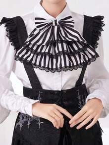 1pc Women Gothic Collar Black White Striped Large Bow Multi‑Layer Ruffled Lace Trim Detachable For Party Cosplay Costume Dress Decoration Accessory - A - View 1