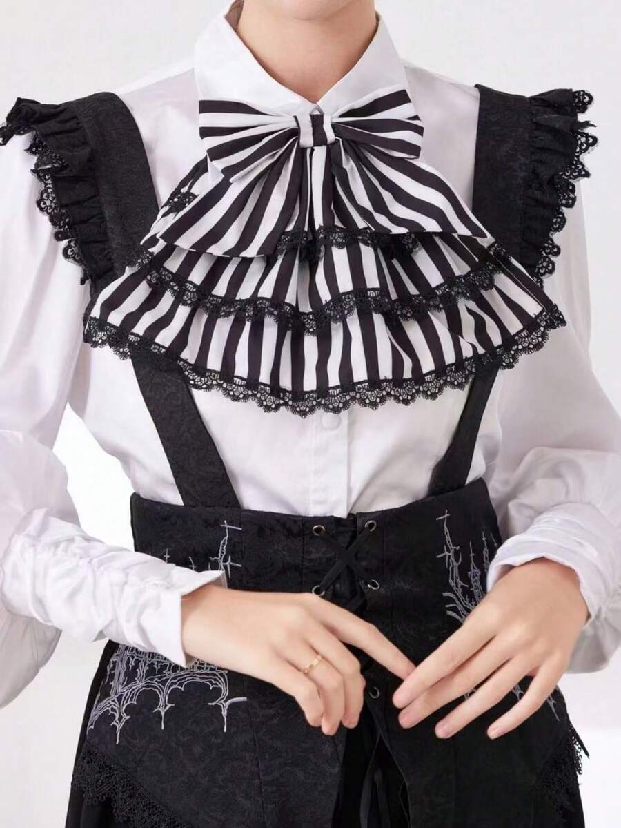 1pc Women Gothic Collar Black White Striped Large Bow Multi‑Layer Ruffled Lace Trim Detachable For Party Cosplay Costume Dress Decoration Accessory - A - View 1