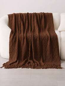 1pc Solid Color Diamond Plaid Knitted Blanket, Nordic Style Acrylic Rectangular Minimalist Sofa Cover Throw Blanket, Bedroom Leisure Knit Blanket - Coffee - View 2