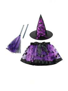 Women Halloween Witch Cosplay Costume Set, Witch Hat, Tulle Skirt & Broom Prop, Fancy Dress Outfit For Theme Party Masquerade Ball Stage Performance - Multicolor - View 10