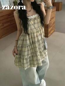 Cute Puff Plaid Cake Frill Dress, Retro Loose Strap Dress Skirt, Japanese Style Summer - Green Plaid - View 3