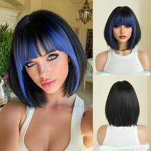 7JHH WIGS Short Straight Black Wig With Blue Bangs For Women 12 Inch Full Machine Heat Resistant Synthetic Fiber Costume Wig For For Halloween Cosplay Wear, Music Festivals Fashion Party Use - Blue - View 12