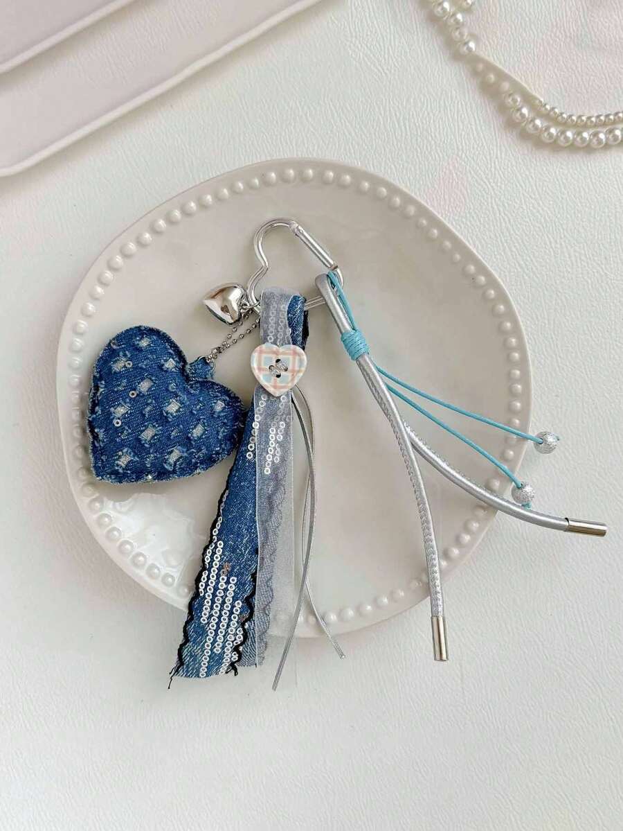 1pc Denim Heart Keychain Pendant, Cute Sequin Heart Charm With Bow Ribbon And Metal Carabiner Clip, Y2K Fashion Bag Accessory For Women And Girls - Multicolor - View 1