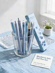 1/7pcs Morandi Blue Retractable Gel Pens, Blueberry Jam Highly Attractive Ballpoint Pens, Quick-Dry Black Ink Smooth Writing Pens For Students, Gift Box Stationery, Back To School Gift For Friends - Blueberry Set - View 6