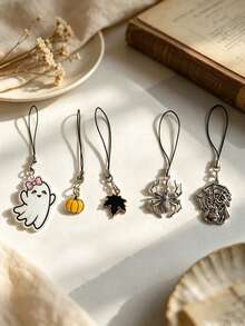 Halloween Mini Phone Charm Straps, Cute Ghost Pumpkin Maple Leaf Spider Witch Pendant Short Lanyard, Gothic Fall Decor Key Bag Accessories - Multicolor - View 7