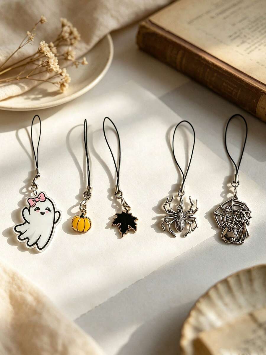 Halloween Mini Phone Charm Straps, Cute Ghost Pumpkin Maple Leaf Spider Witch Pendant Short Lanyard, Gothic Fall Decor Key Bag Accessories - Multicolor - View 1