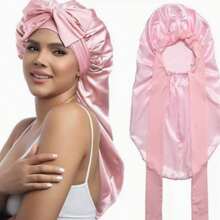 1pc Long Satin Bonnet For Women, Adjustable Tie Strap Sleep Cap, Stretch Hair Cover For Curly Hair, Nighttime Hair Protection & Beauty Care - Multicolor - View 5