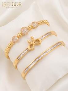 3pcs/Set 18K Gold Plated Stainless Steel Bangle Set For Women, Luxury Sparkling Zirconia Stackable Cuff Bracelets, Waterproof Non-Tarnish Jewelry - Multicolor - View 9