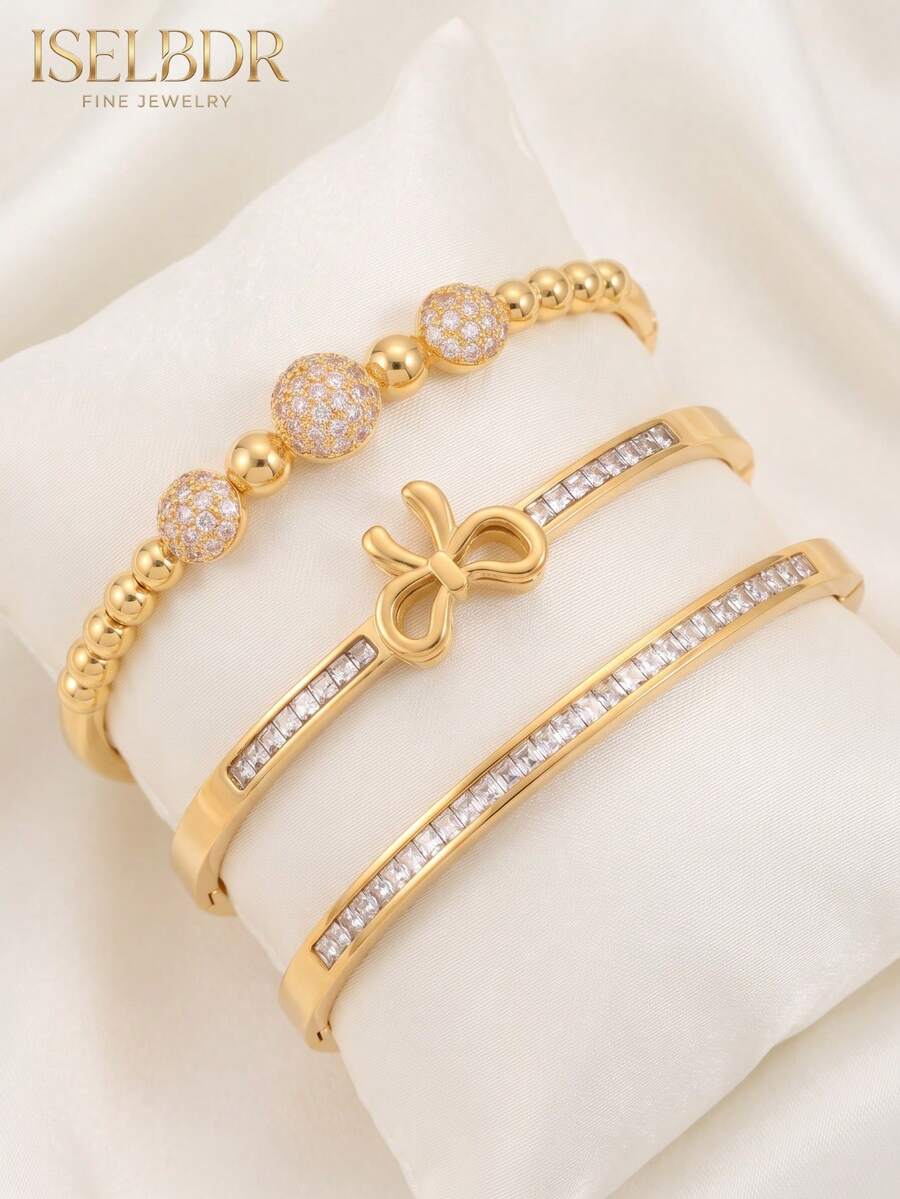 Set 3 Gelang Stainless Steel Berlapis Emas 18K untuk Wanita, Gelang Emas Tumpuk dengan Batu Zirkonia Kubik, Perhiasan Harian Tahan Air dan Anti Karat - MultiWarna - View 1