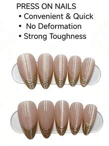 24pcs Minimalist Gold-Plated French Cat Eye Almond Shaped Press-On Nails, With Tool Kit, Suitable For Autumn/Winter Wear, Nail Art Supplies - Gold - View 3