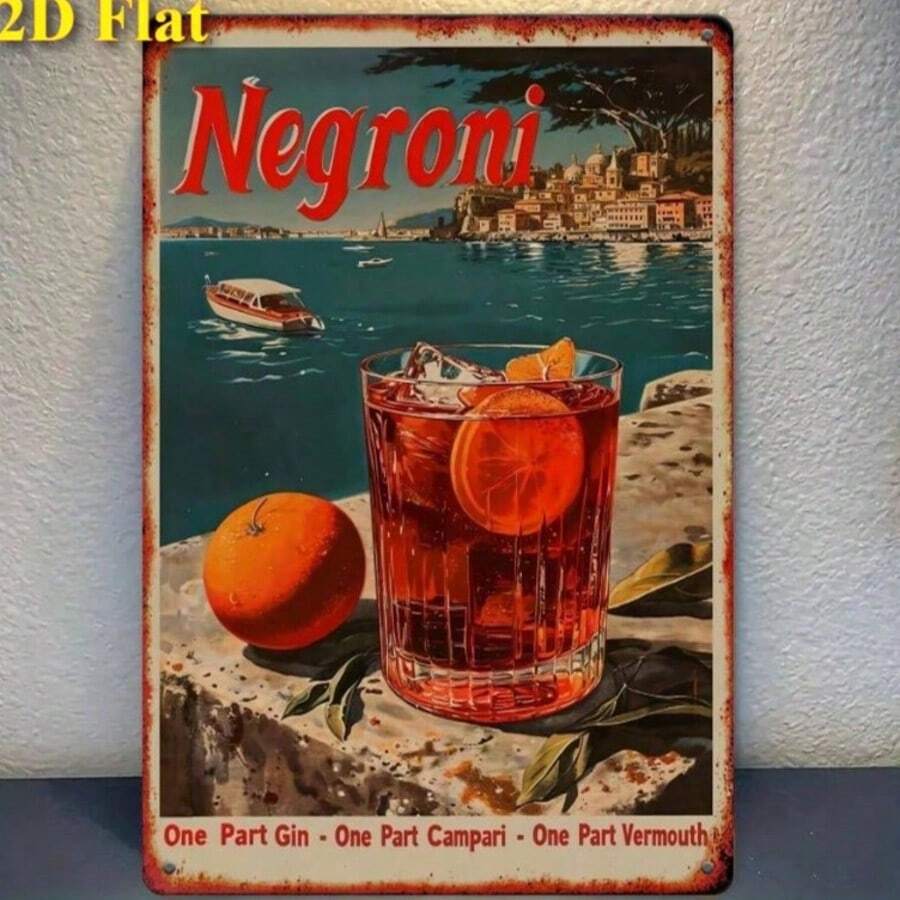 1pc Negroni Cocktail Theme Vintage Metal Tin Sign, 8"X12" Frameless Square Iron Wall Art, Retro Style Painting Decor Suitable For Home Bar And Party Decoration - A - View 1