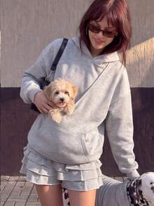 Women's Casual Fleece Lined Oversized Hooded Sweatshirt With Pockets, Essential For Pet Owners, Autumn/Winter Daily Wear - Light Grey - View 3