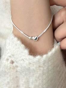 1pc Vintage French Style Round Bead Heart Bracelet, Niche Design, Minimalist Versatile Delicate Hand Accessory For Women, Suitable For Daily Wear And Festivals In Autumn/Winter - Silver - View 1