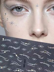 1pc New Silver Rhinestone Crystal Glitter Face Gem, Asymmetrical Silver Rhinestone Face Makeup Gem, Suitable For Music Festival, EDM Party, Cosplay, Stage Performance, Photography, Can Be Applied To Eyes, Cheeks, Forehead, Nails, Firmly Adhered And Not Easily Falling Off, Creative Face Decoration - Multicolor - View 2