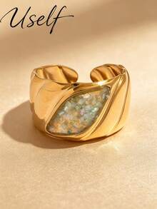 Uself 5pcs/1pc Cincin Lebar Bertekstur Vintage, Desain Alur Mata Kuda Cangkang Hancur Multi-Warna, Cincin Jari Telunjuk Mewah Kelas Atas yang Dapat Diatur - MultiWarna - View 6