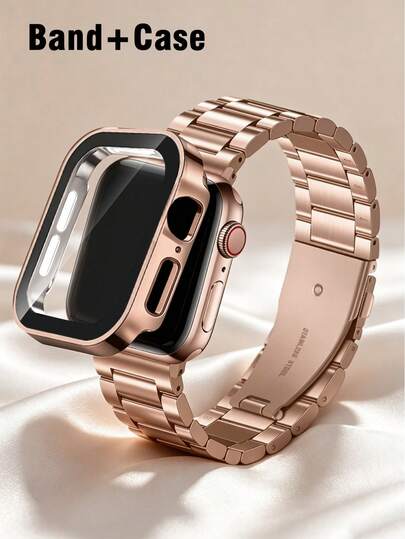 Stainless Steel 3-Bead Watch Band + Watch Case Set, High-End Business Style, Compatible With Apple Watch 40/41/42/44/45/46/49mm, Suitable For Ultra/SE/S11/S10/S9/S8/S7/S6/S4 Series, Unisex Stainless Steel Watch Accessories, Beach Outdoor Vacation, Father's Day Graduation Gift