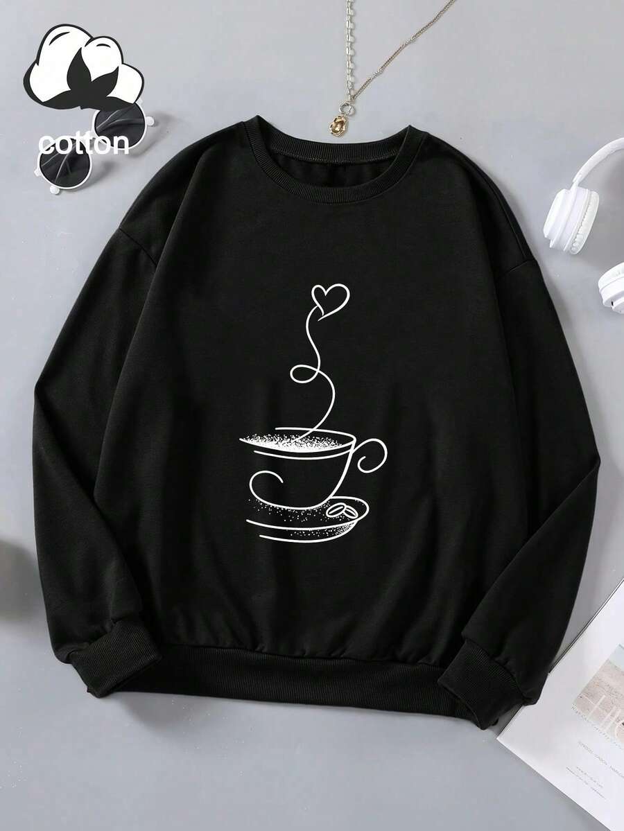 Sweatshirt Lengan Panjang Kasual Wanita Motif Cangkir Kopi dan Garis Hati untuk Musim Gugur/Dingin - Hitam - View 1