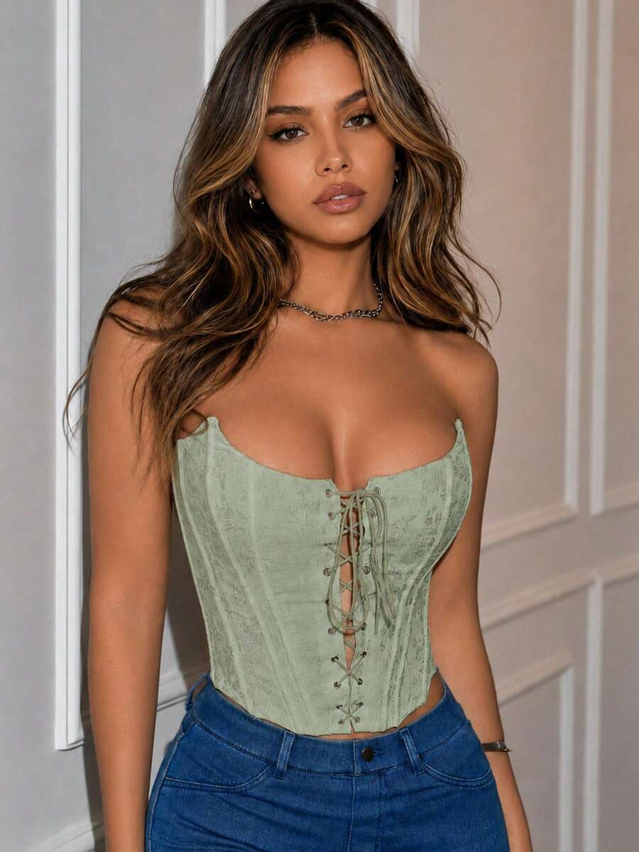 Yuwenier Y2K Corsé de Estructura Asimétrica con Bordado Floral, Ojales Metálicos, Cierre con Cordones, Apertura Delantera, Espalda Abierta, Bustier, Top Corto Bandeau para Halloween