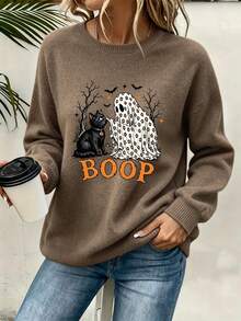 大尺碼女款萬聖節幽靈黑貓 BOOP 字母印花寬鬆圓領套頭毛衣 - 土灰色 - 查看 4