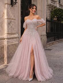 VIPGIRL New Elegant Off Shoulder Mesh Slit Luxury Evening Dress - Pink - View 5