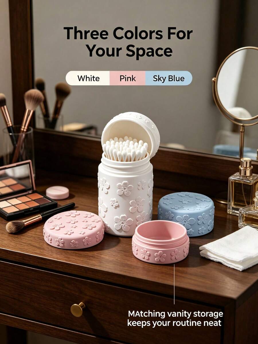 1pc Sealed Dust‑Proof Makeup Storage Container, Floral Embossed Vanity Organizer For Swabs & Make‑Up Remover Pads, Bathroom Dresser Counter Decor Storage Jar,Pink/Blue/White Available,Makeup Organizer,Room Decor - Multicolor - View 1