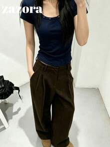 鉚釘圓領針織上衣，百搭修身小眾短袖顯瘦上衣，微低領口，夏季女款休閒服飾 - 藏青色 - 查看 6
