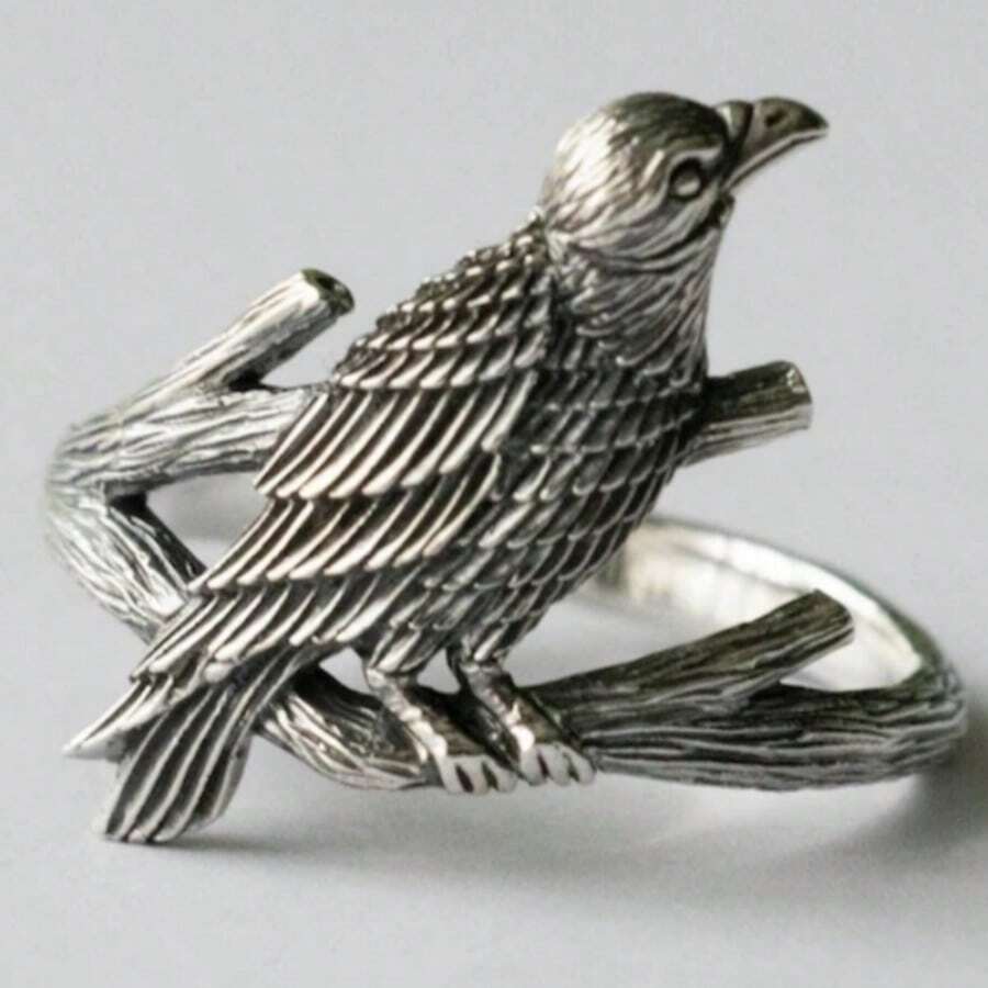 Gmzalx Vintage Textured Branch Raven Women's Ring, Unique Gothic Style Animal Ring, Suitable For Daily Wear, Theme Party, Holiday Gift - Antique Silver - View 1