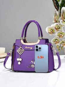 Women 3‑Piece Floral Embroidered Handbag Set, Patent Leather Top‑Handle Satchel Crossbody Bag With Purse & Card Holder - Violet Purple - View 5
