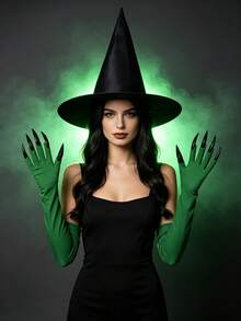 Halloween Witch Costume Set - Black Wizard Hat, Green Sharp Claws, Long Gloves. For Cosplay At Party, Stage Performance, Funny Accessories And Props. - Multicolor - View 2