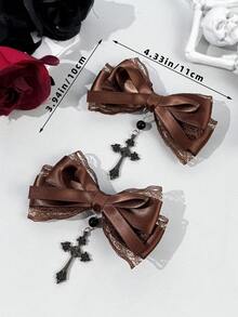 2pcs/Set Women's Lace Ribbon Dark Color Gothic Style Cross Hair Clips, Suitable For Holiday Dress-Up And Gothic Enthusiasts Daily Wear - Multicolor - View 4